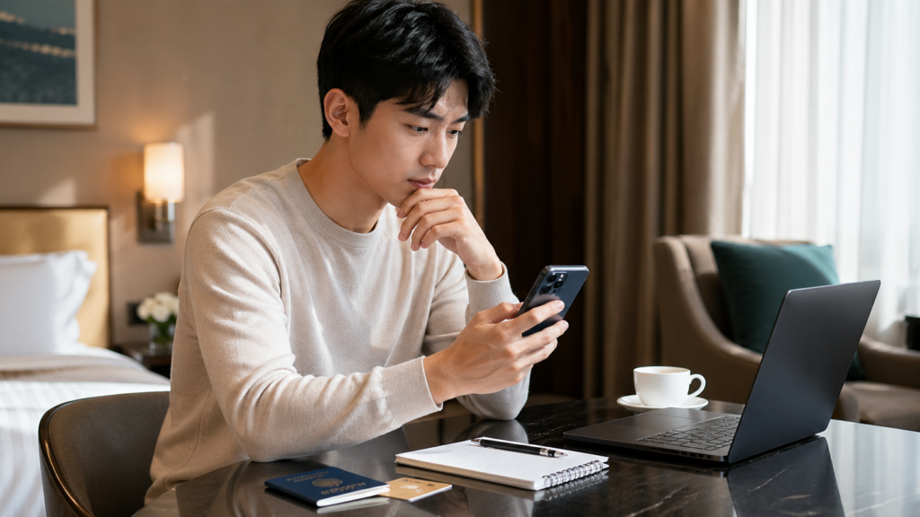 해외 호텔에서 공용 와이파이 연결 전 공식 네트워크를 확인하는 한국인 여행자