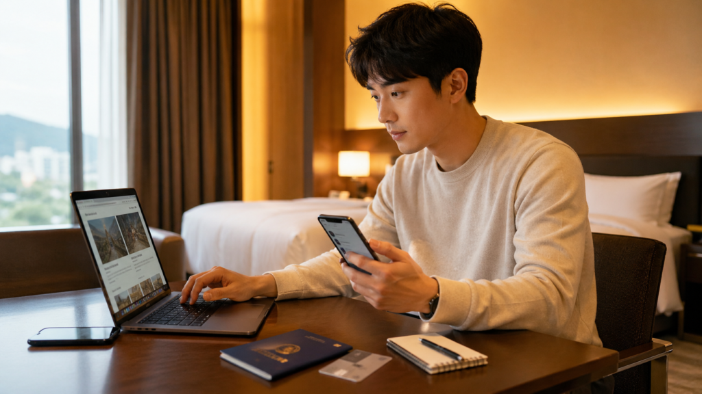 해외 호텔 공용 와이파이 사용 시 안전한 보안 습관을 확인하는 한국인 여행자