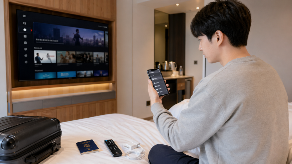 체크아웃 전 호텔 객실에서 스마트 TV와 스마트폰으로 로그인된 OTT 계정을 확인하는 한국인 여행자