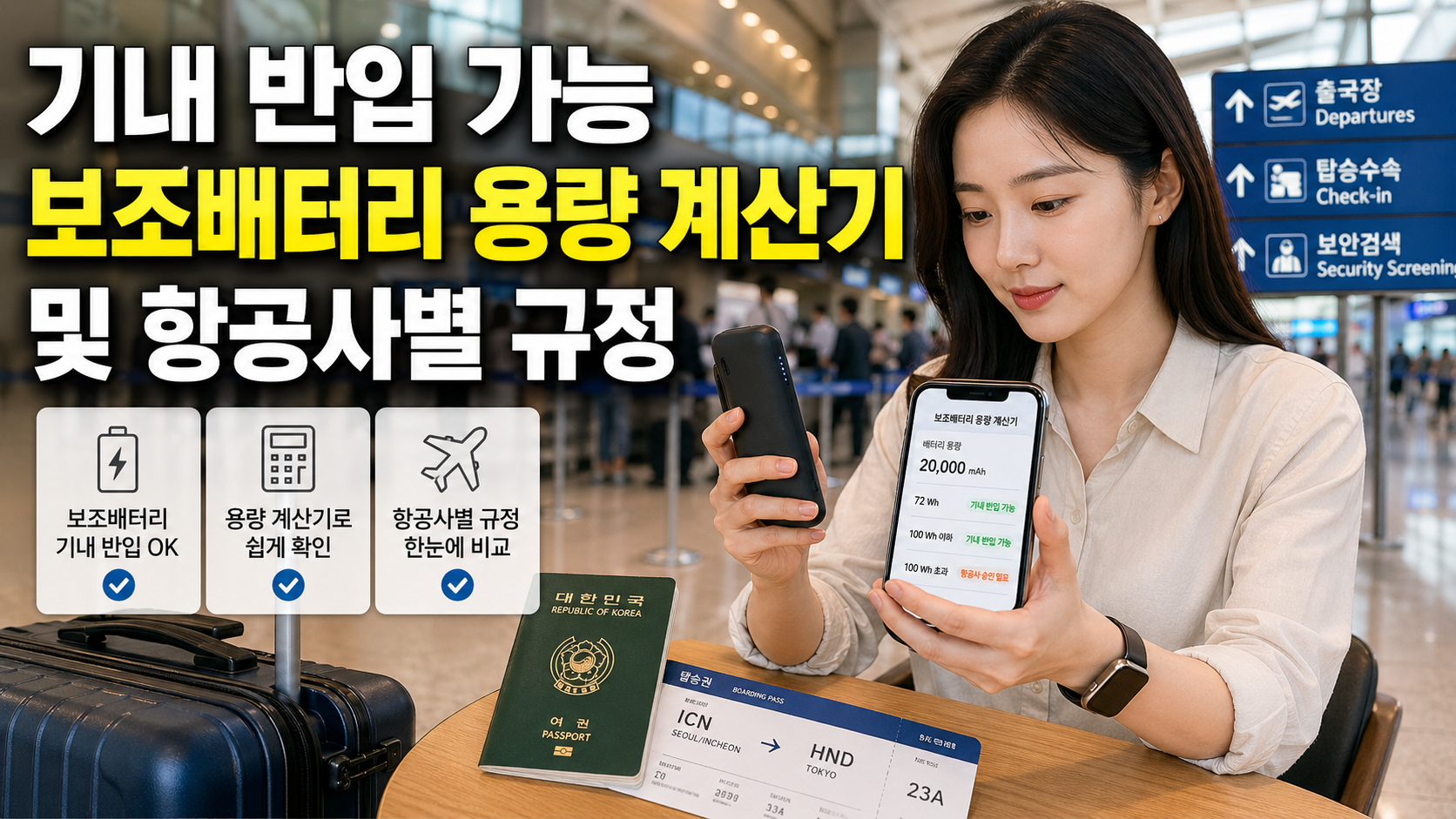 기내 반입 가능 보조배터리 용량 계산기와 항공사별 규정을 확인하는 한국인 여행자 공항 썸네일