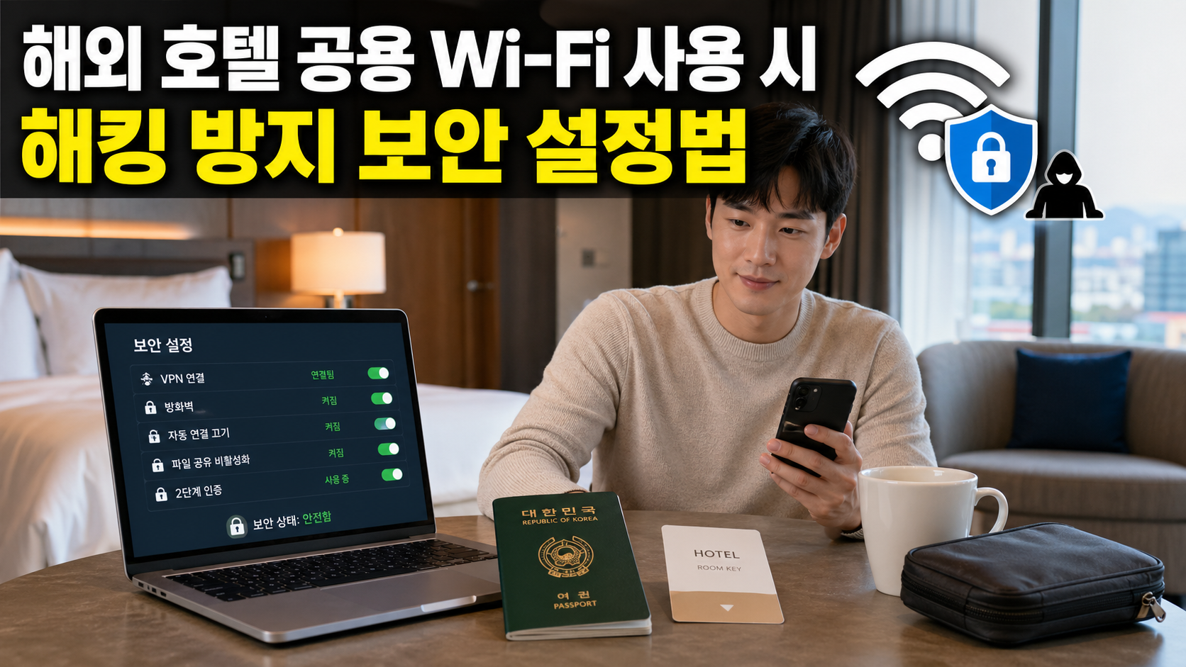 해외 호텔 공용 와이파이 사용 시 해킹 방지 보안 설정법을 보여주는 한국인 여행자