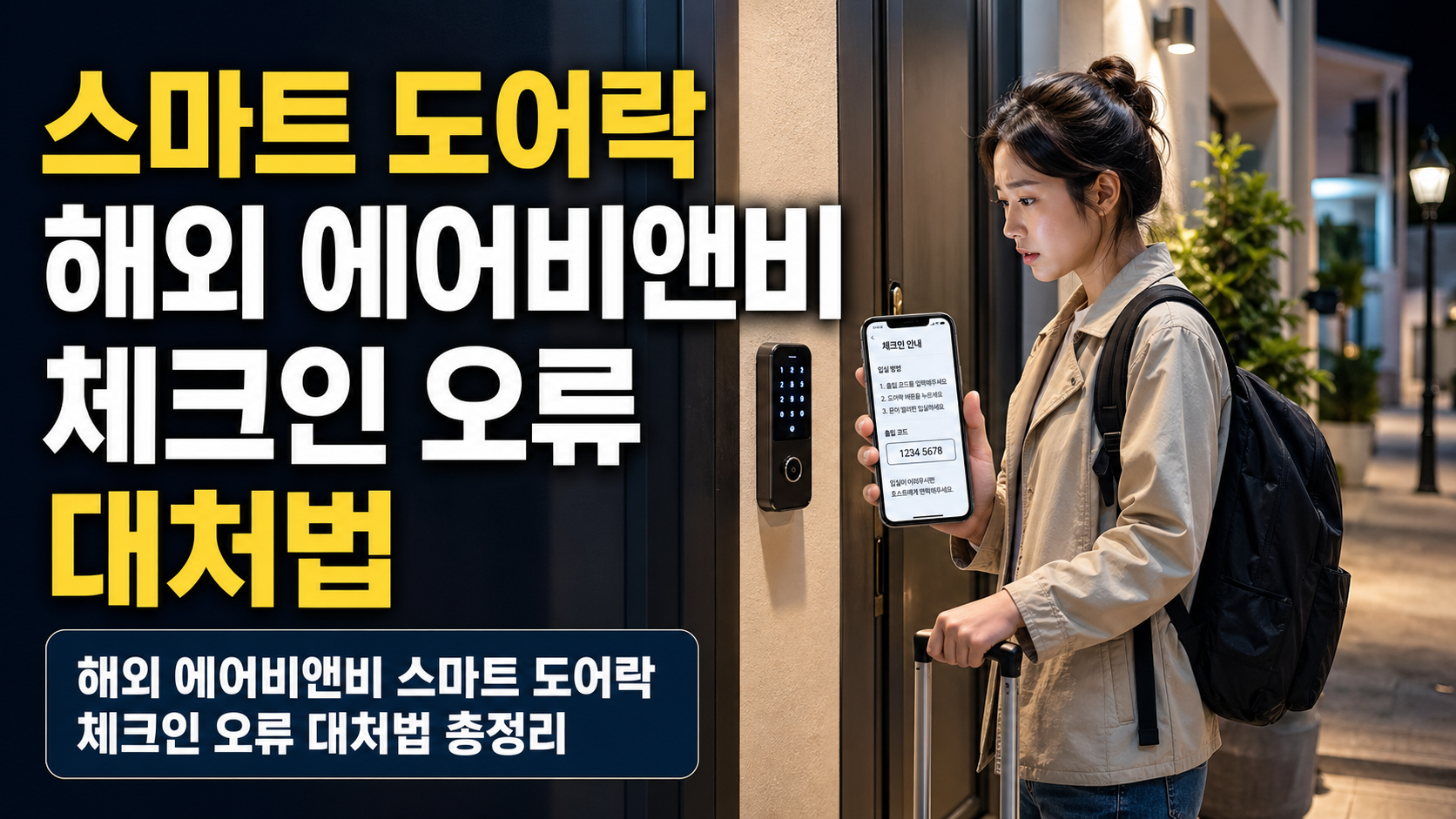 스마트 도어락이 있는 해외 에어비앤비 숙소 앞에서 체크인 오류를 확인하는 한국인 여행자