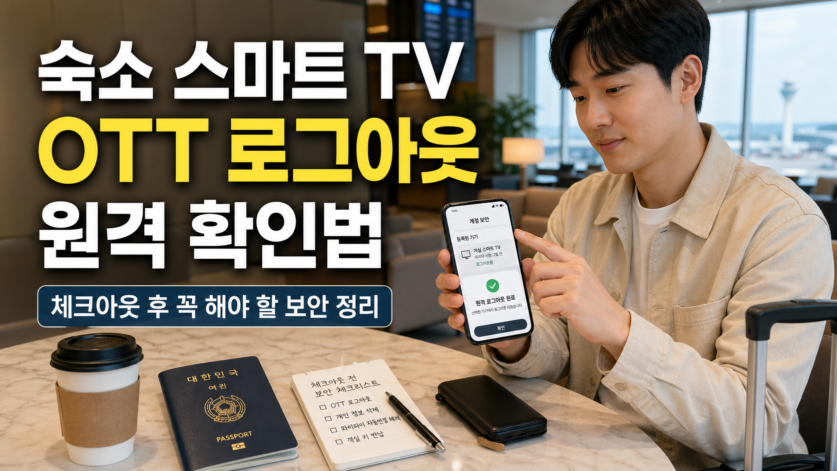 숙소 스마트 TV OTT 로그아웃 원격 확인을 위해 스마트폰으로 계정 상태를 확인하는 한국인 여행자