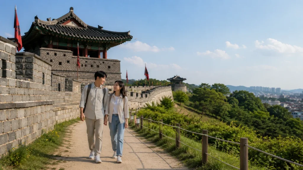 수원화성 성곽길을 걸으며 당일치기 여행을 즐기는 한국인 커플