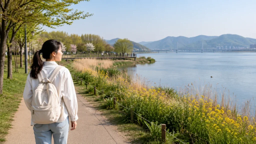 운길산역에서 물의정원으로 이어지는 강변길을 걷는 한국인 여행자