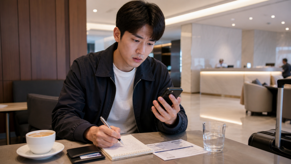 해외여행 중 여권 분실 후 대사관 연락처와 준비 절차를 확인하는 한국인 여행자 모습