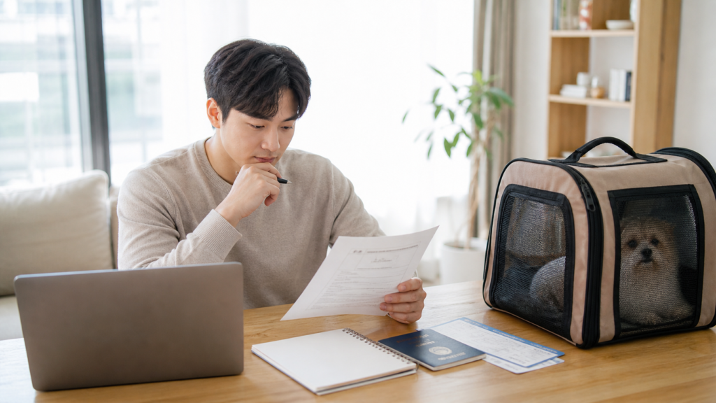 반려동물 동반 해외여행을 위해 항공권 예약과 항공사 규정을 확인하는 한국인 여행자