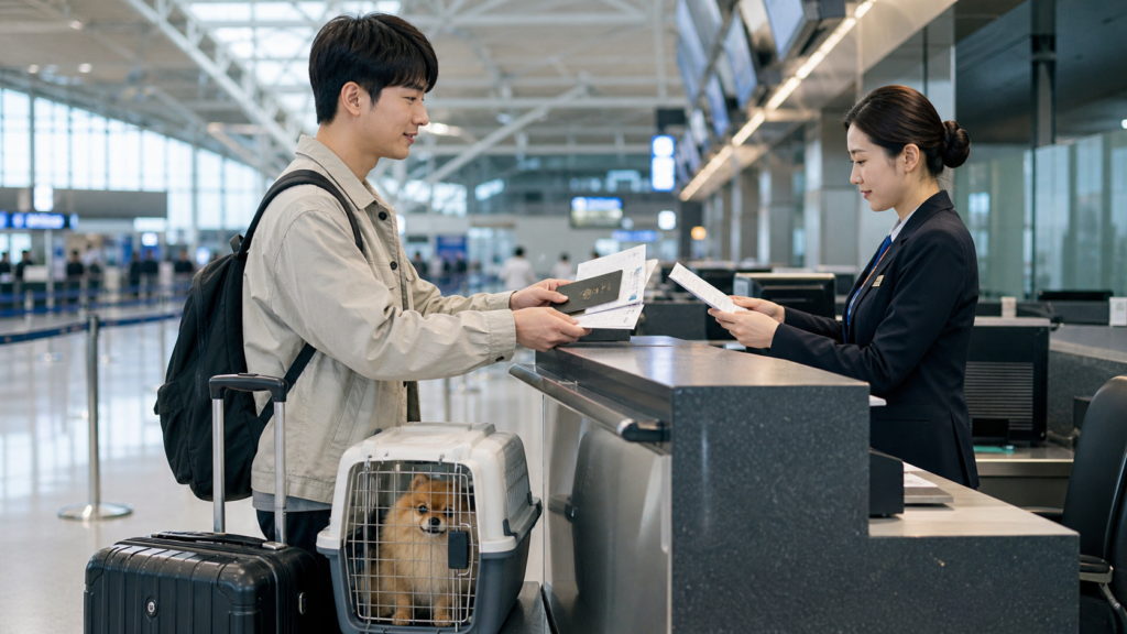 국제공항 체크인 카운터에서 반려동물과 함께 검역 서류를 제출하는 한국인 여행자