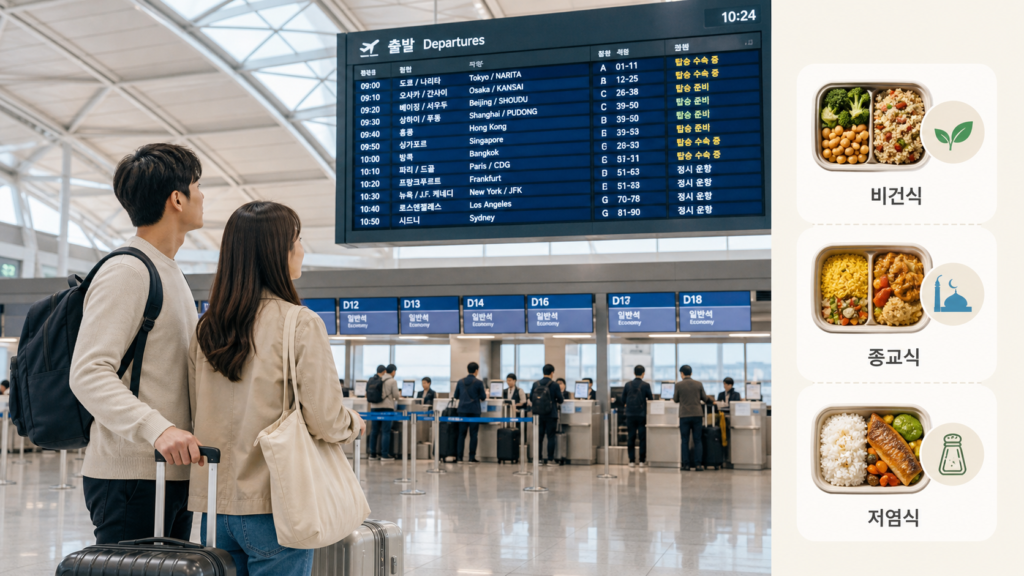 인천공항 출발 전광판과 체크인 카운터 앞에서 특별 기내식 정보를 확인하는 한국인 여행자 부부