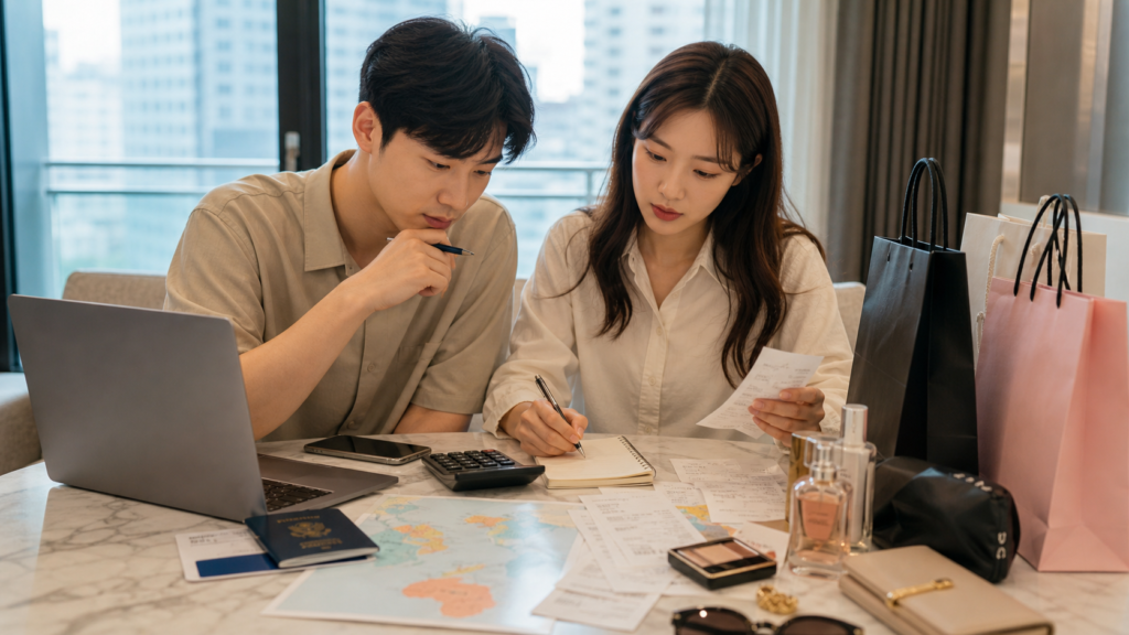 해외여행 중 호텔 테이블에서 국가별 면세 쇼핑 리스트와 영수증을 정리하는 한국인 남녀 여행자
