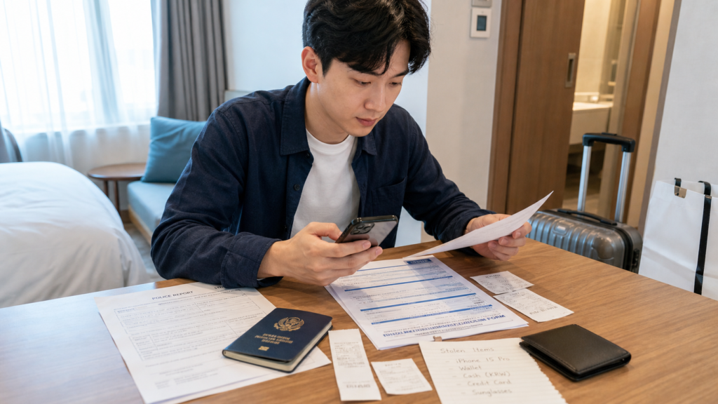 숙소 테이블에서 폴리스 리포트와 여행자 보험 청구 서류를 최종 확인하는 한국인 여행자