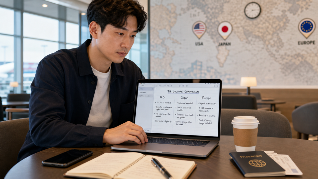 공항 라운지에서 미국 일본 유럽의 팁 문화를 비교하는 한국인 남성 여행자