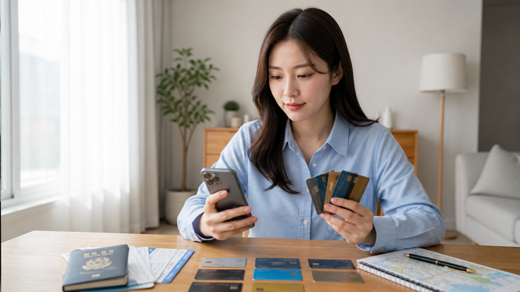 해외 결제 수수료 0원 카드를 스마트폰과 함께 비교하는 한국인 여행 블로거