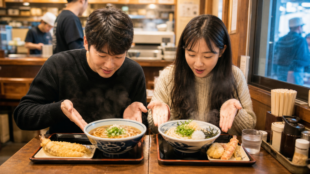 일본 다카마쓰 로컬 사누키 우동 맛집에서 카케 우동과 붓카케 우동을 비교하며 식사하는 한국인 여행자