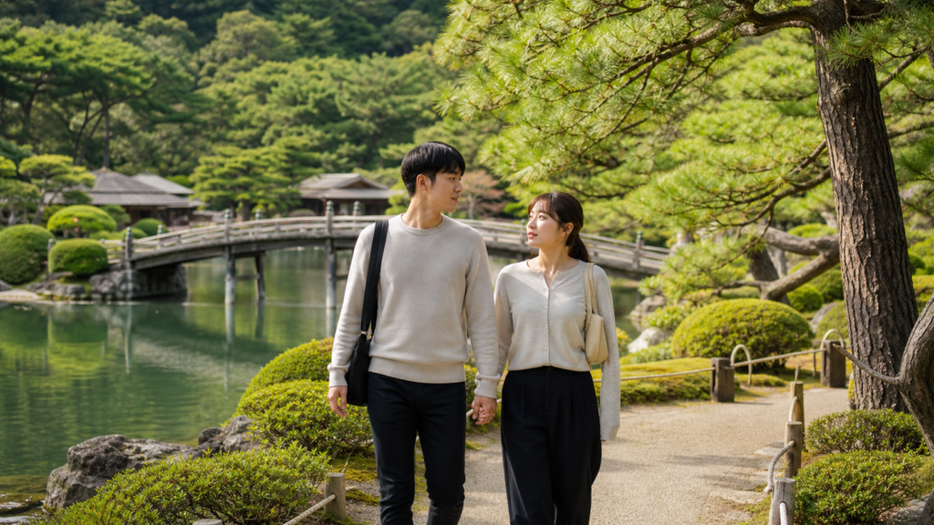 일본 다카마쓰 리쓰린 공원에서 우동 투어 중 산책하는 한국인 여행자 커플과 연못, 일본식 다리 풍경