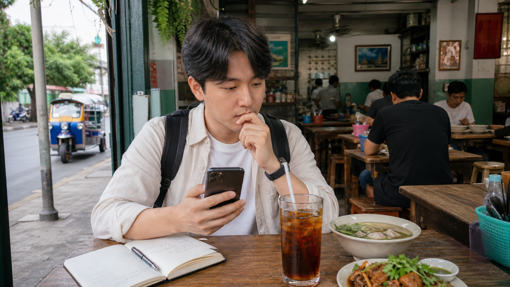 태국 방콕 로컬 식당에서 한국인 여행자가 태국어 리뷰와 식당 사진을 확인하며 현지인 맛집 여부를 판단하는 모습
