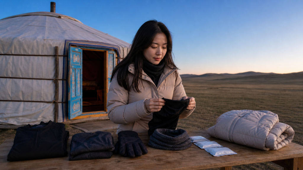 몽골 은하수 투어 준비를 위해 게르 앞에서 발열내의 장갑 넥워머 핫팩 경량패딩을 정리하는 한국인 여성 여행자