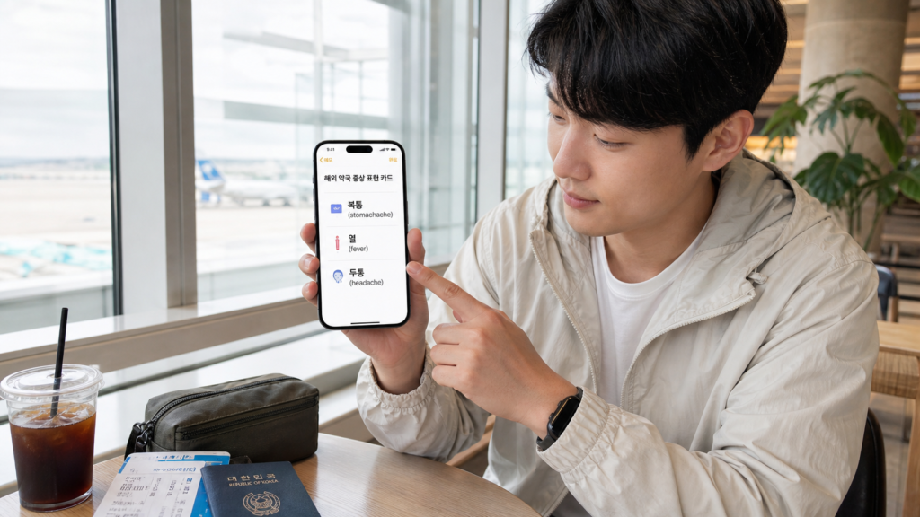공항 대기 공간에서 복통 열 두통 영어 표현 카드를 휴대폰 메모장에 저장하는 한국인 여행자