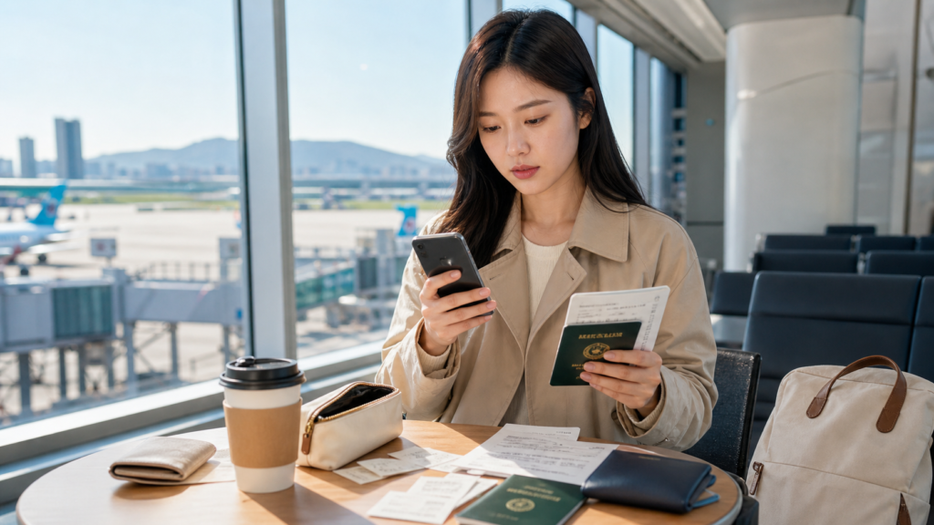 해외 공항 대기 공간에서 항공권 여권 스마트폰으로 지연 보상 조건을 확인하는 한국인 여성 여행자