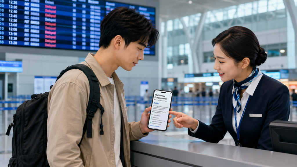 공항 서비스 데스크에서 EU261 항공 지연 보상 안내를 확인하며 상담하는 한국인 남성 여행자