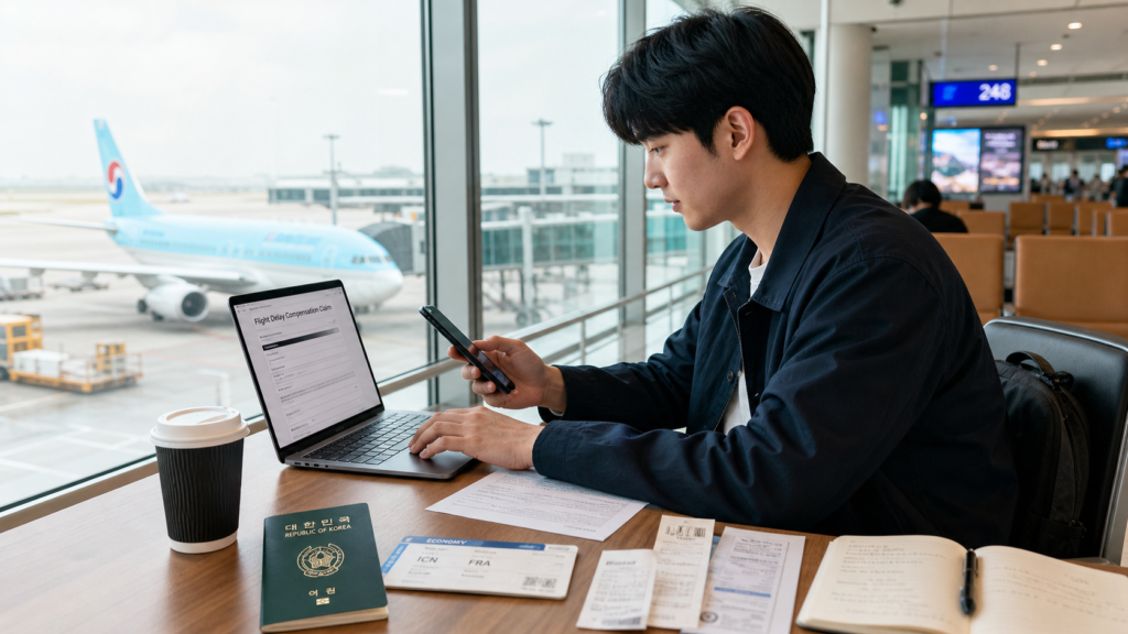공항 게이트 앞에서 항공기 지연 보상금 신청서를 작성하고 영수증 탑승권 여권을 정리하는 한국인 여행자