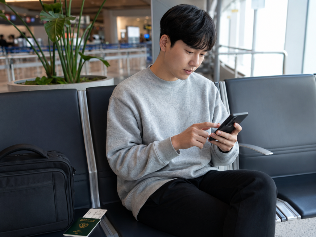 공항 대기석에서 출국 전 영사안전콜센터 무료전화 앱을 미리 설치하는 한국인 여행자