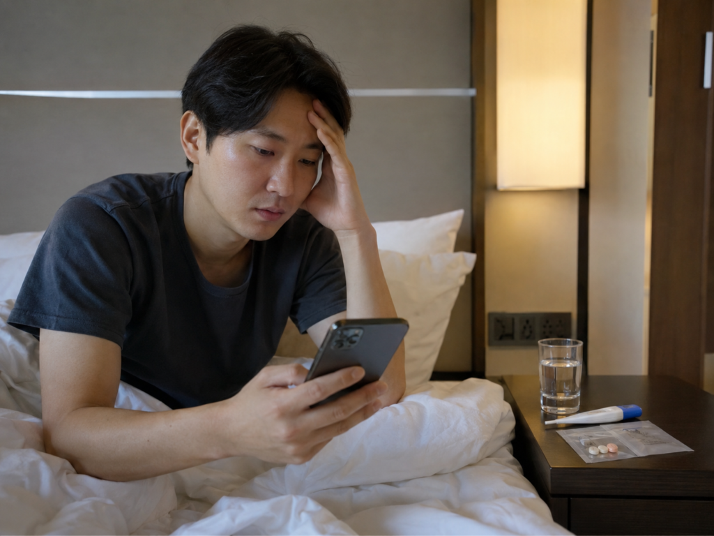 해외 호텔 객실에서 몸이 좋지 않아 영사안전콜센터 앱 상담을 받는 한국인 여행자