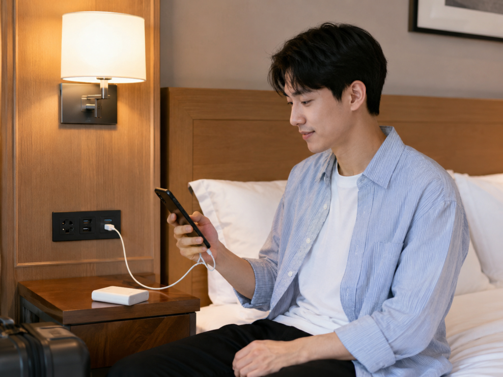 해외 호텔에서 USB 포트로 스마트폰을 임시 충전하는 여행자