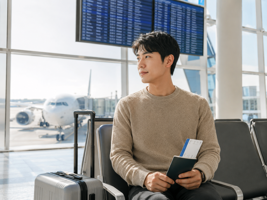 공항 출발 게이트에서 유럽 관광 노선 또는 장거리 휴양 노선을 준비하는 한국인 여행자