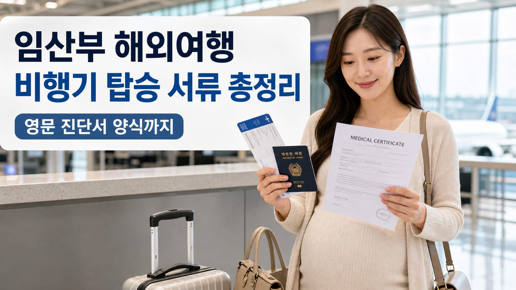 임산부 해외여행 비행기 탑승 서류와 영문 진단서를 준비하는 공항 체크인 장면