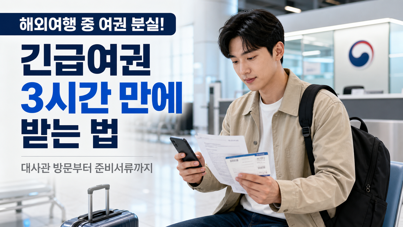 해외여행 중 여권 분실 후 긴급여권 발급 절차를 준비하는 한국인 여행자 장면
