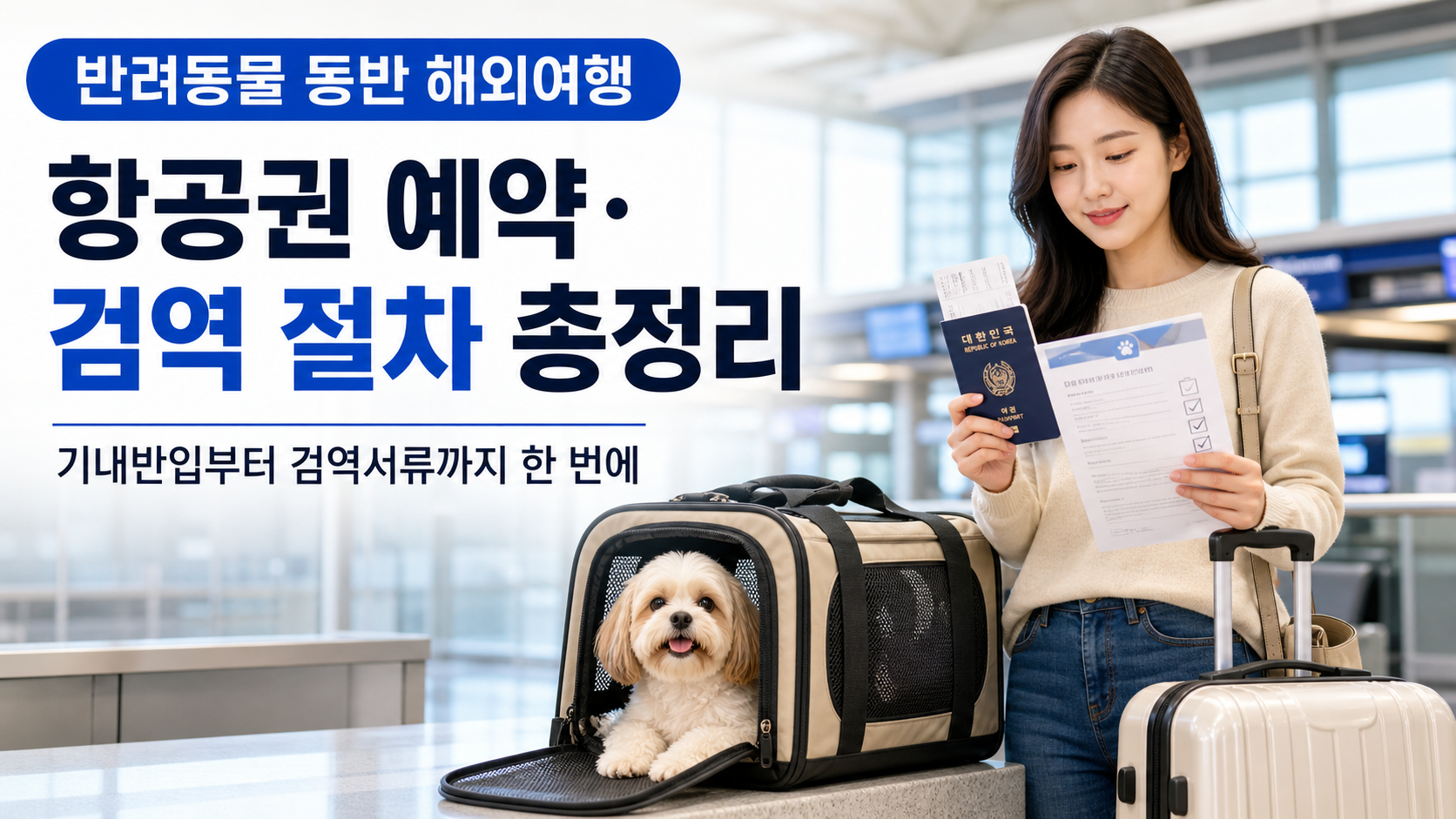 반려동물과 해외여행을 준비하며 공항에서 항공권과 검역 서류를 확인하는 한국인 여행자