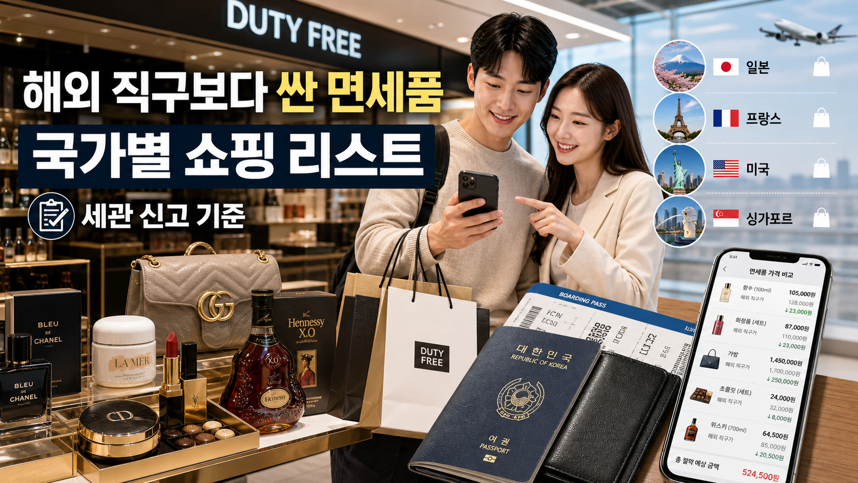 해외 직구보다 싼 면세품 국가별 쇼핑 리스트와 세관 신고 기준을 비교하는 한국인 여행자 커플