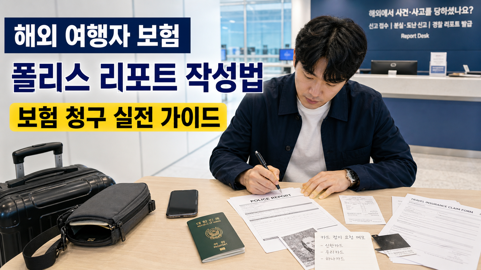 해외 여행자 보험 청구를 위해 폴리스 리포트를 작성하는 한국인 여행자