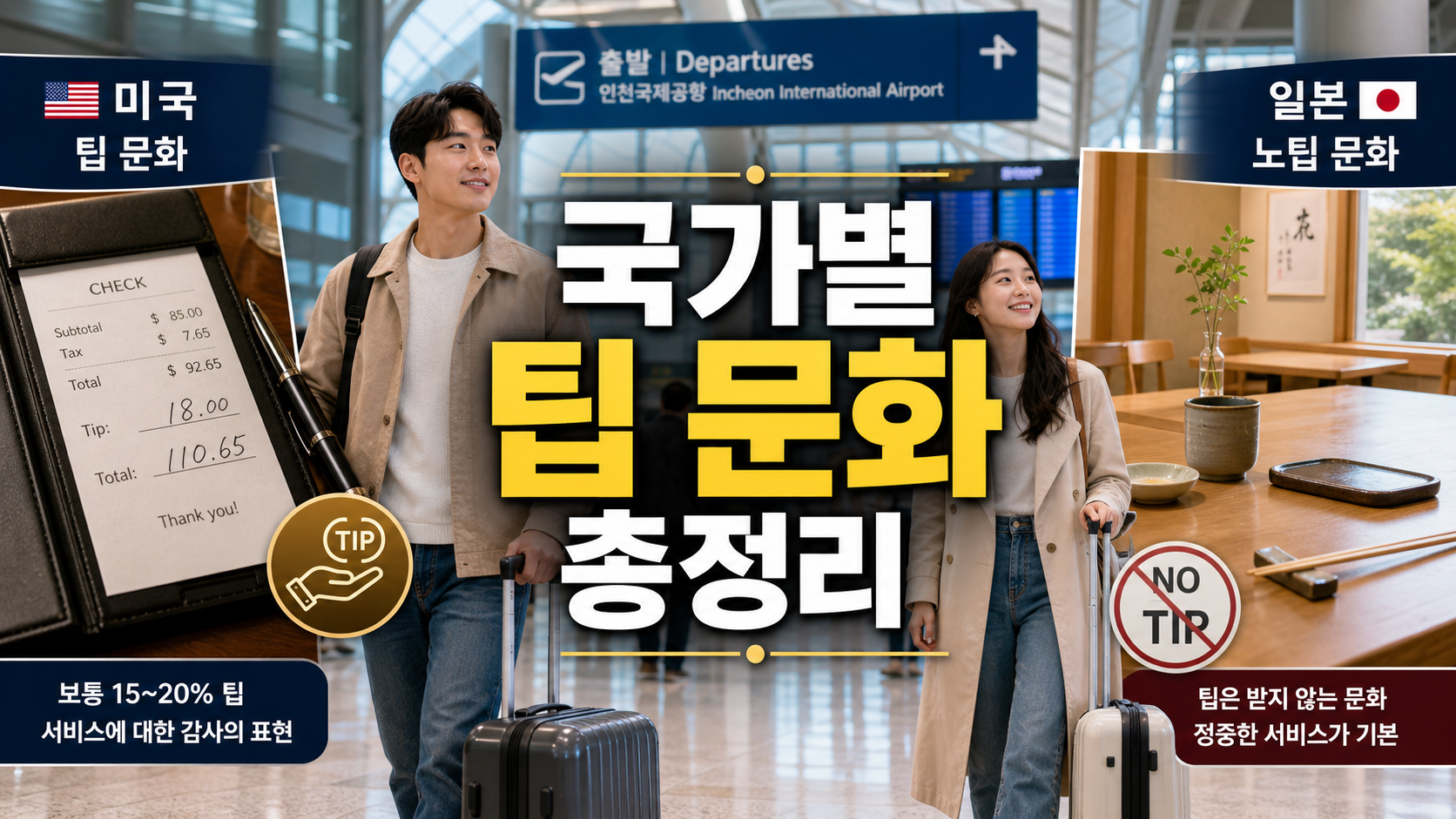 가별 팁 문화 총정리 썸네일, 인천공항에서 미국 팁 문화와 일본 노팁 문화를 비교하는 한국인 여행자