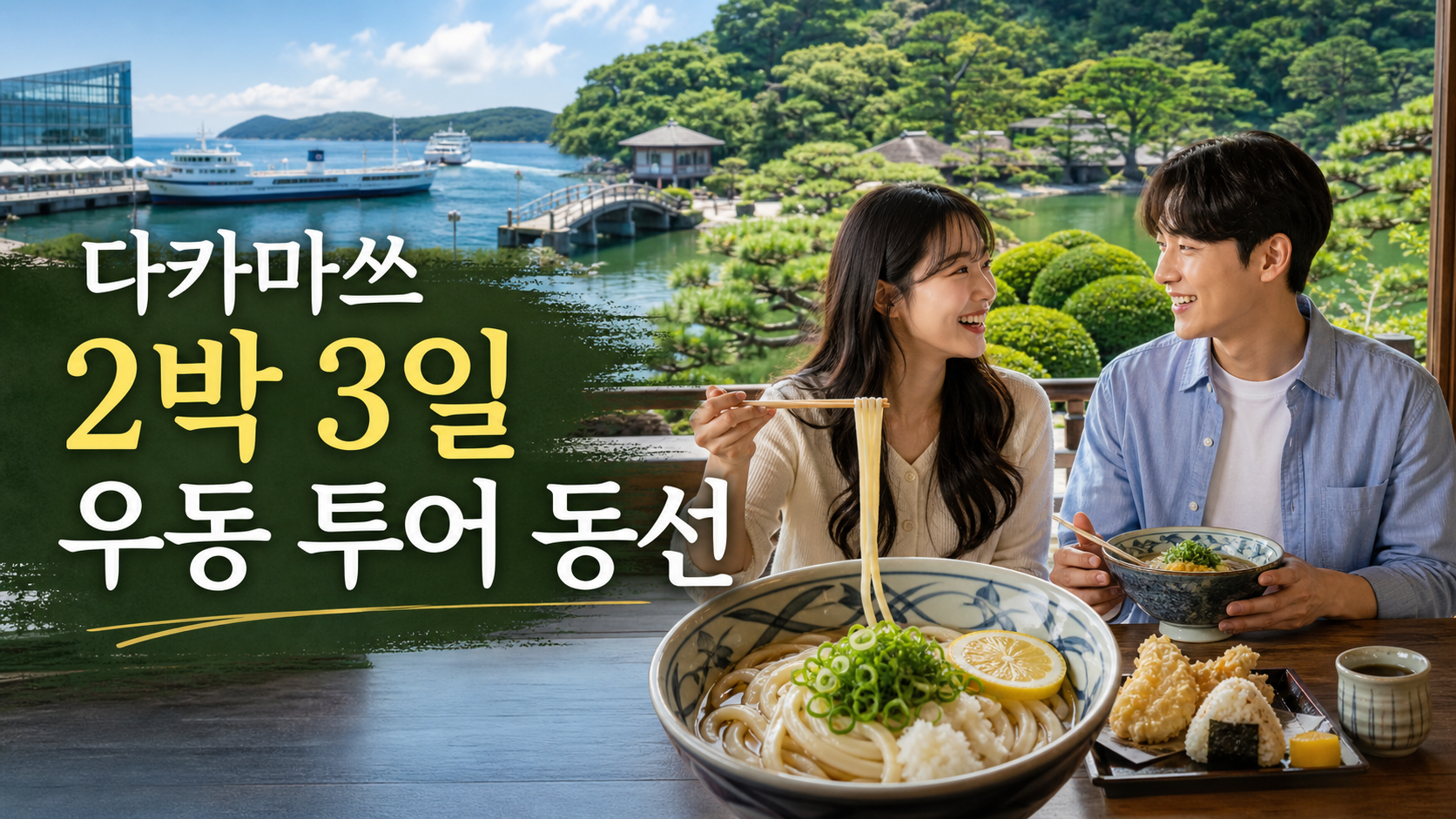 일본 다카마쓰 2박 3일 우동 투어 동선을 소개하는 여행 썸네일, 다카마쓰 항구와 사누키 우동, 리쓰린 공원을 배경으로 한 한국인 여행자