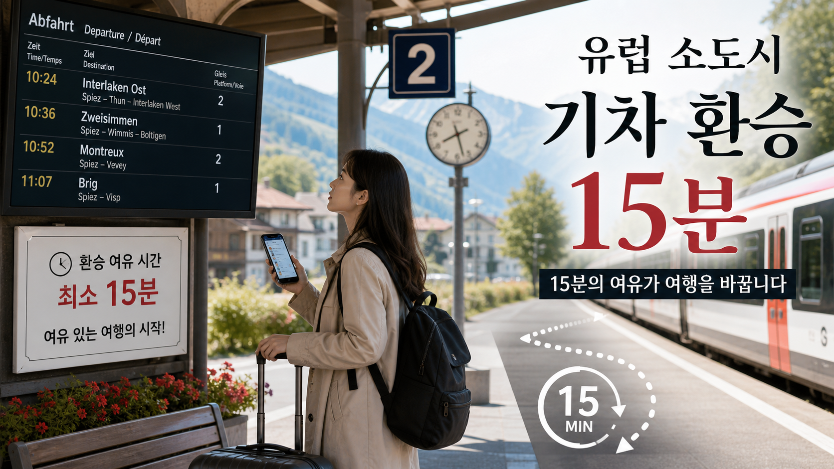유럽 소도시 기차역에서 환승 시간 15분 확보의 중요성을 보여주는 한국인 여행자와 기차 예약