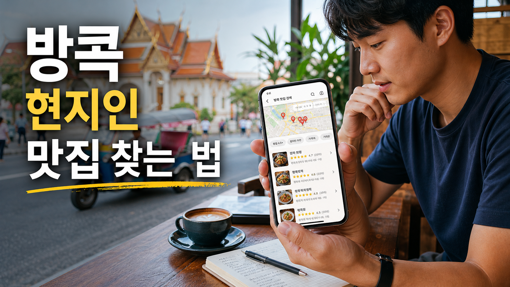 태국 방콕에서 한국인 여행자가 구글 평점과 리뷰를 확인하며 현지인 맛집을 찾는 여행 블로그 썸네일