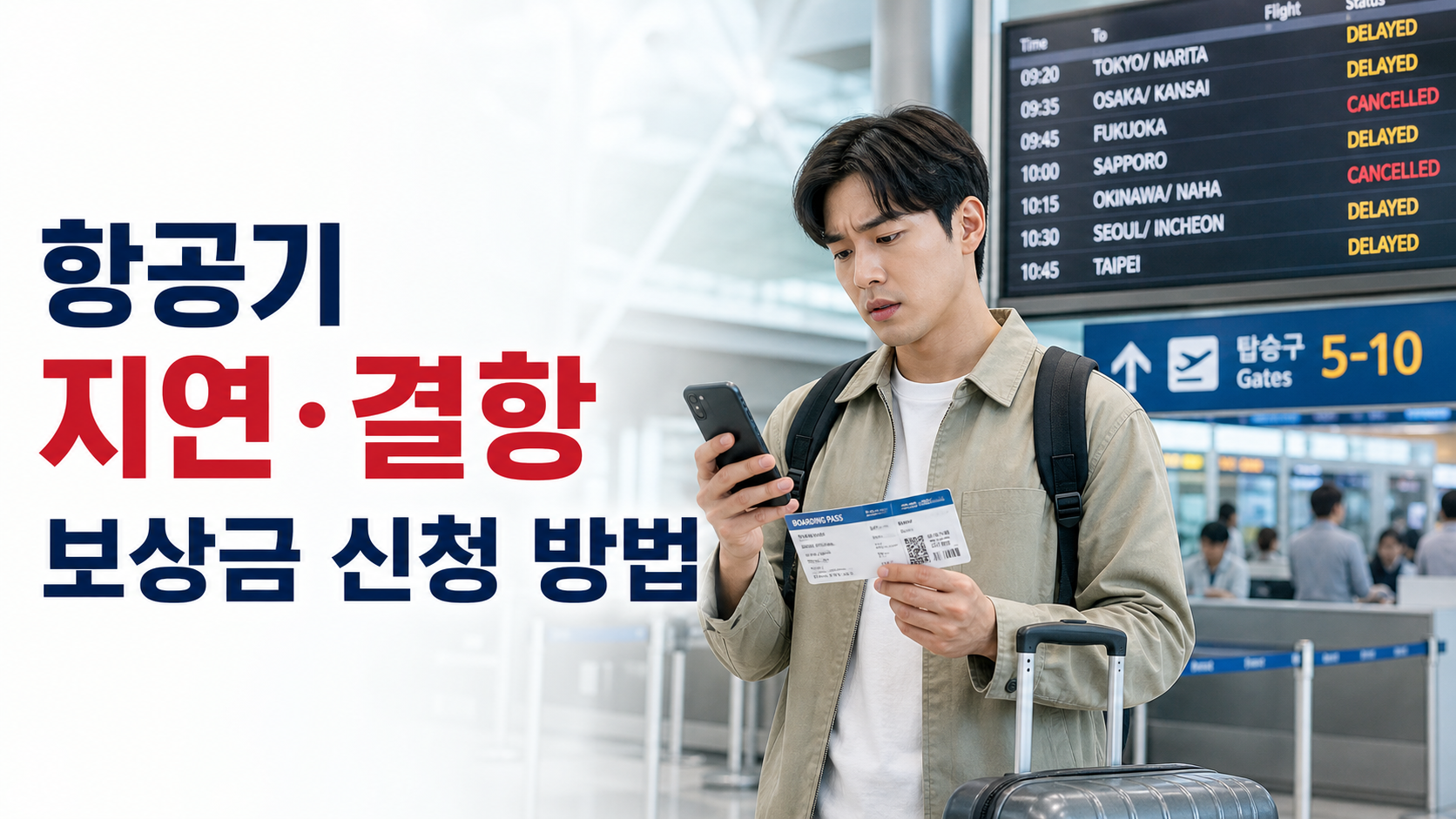 항공기 지연 결항 보상금 신청 방법을 확인하는 한국인 여행자 해외 공항 썸네일