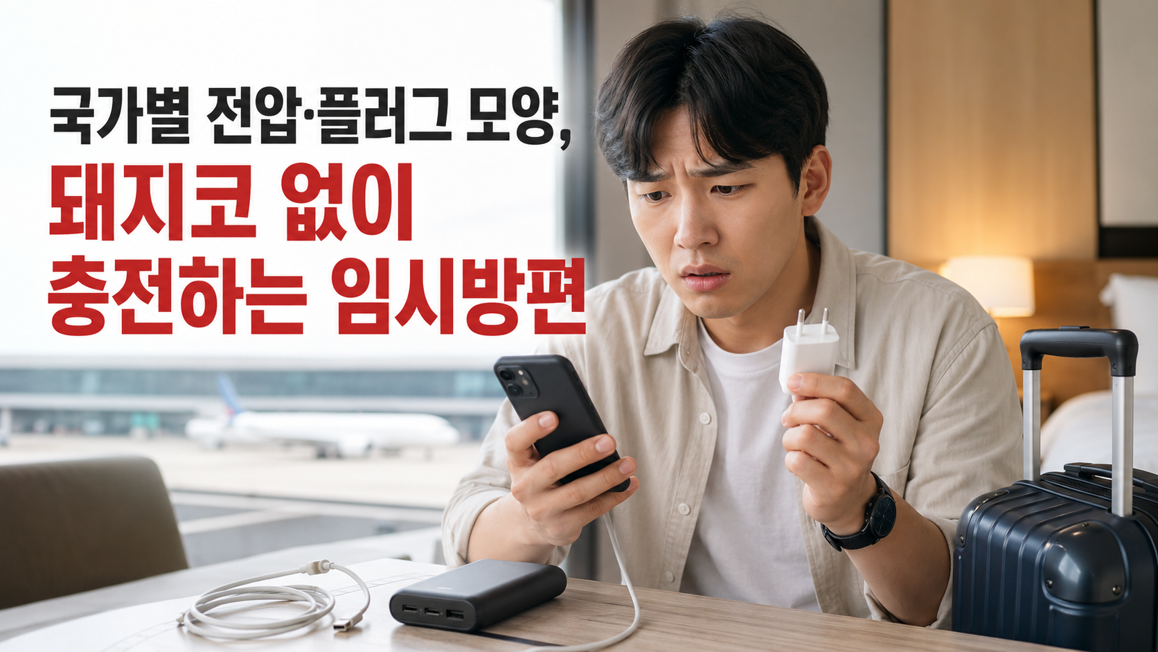 해외여행 중 충전기 돼지코 없이 안전하게 임시 충전하는 방법을 설명하는 여행 준비 이미지
