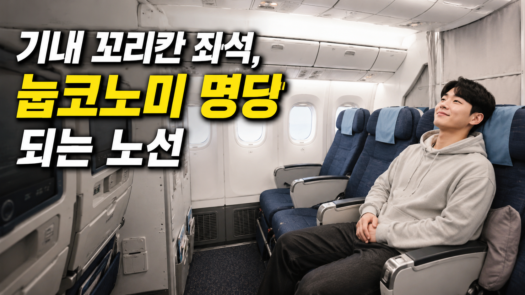 장거리 국제선 기내 꼬리칸 좌석에서 눕코노미 명당 되는 노선을 설명하는 이코노미 객실 이미지