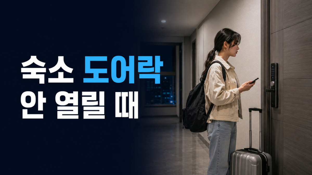 숙소 현관에서 열리지 않는 디지털 도어락을 확인하는 여행자