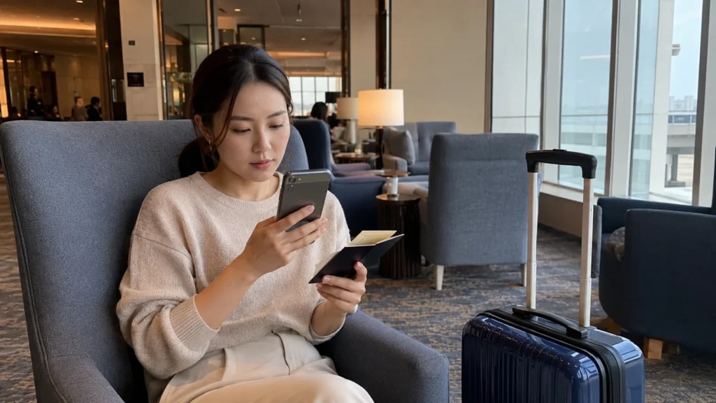 호텔 체크인 전 예약 확인서와 여권 이름을 대조하는 한국인 여행자