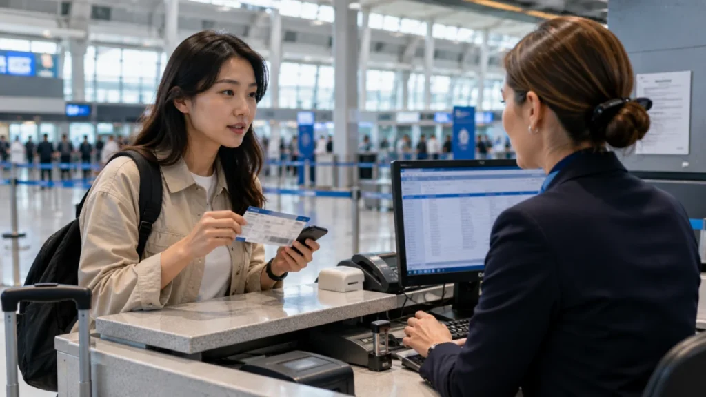 공항 서비스 데스크에서 항공편 지연 확인서를 요청하는 한국인 여행자