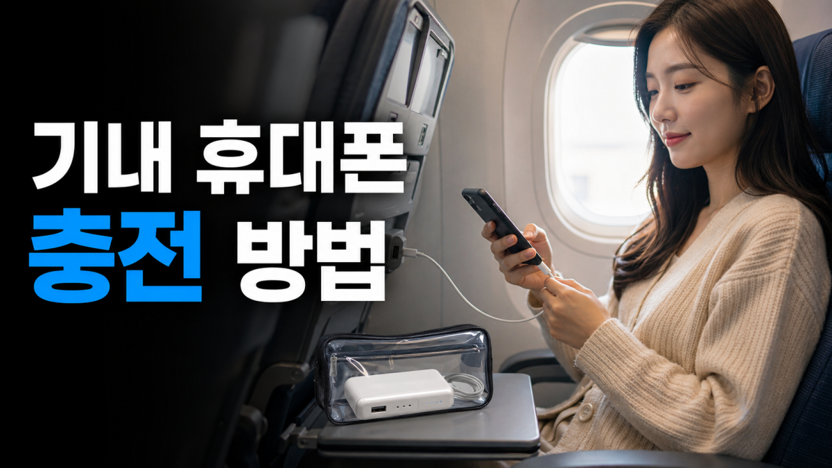 비행기 좌석 USB 포트에 휴대폰을 연결하는 한국인 여행자