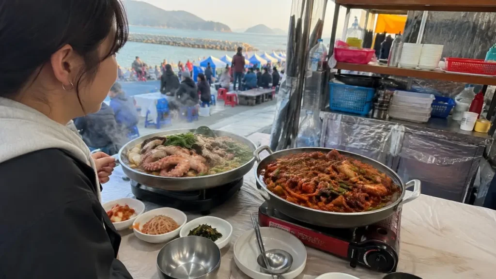 축제 먹거리 부스에서 주꾸미 요리의 양과 구성을 살펴보는 장면