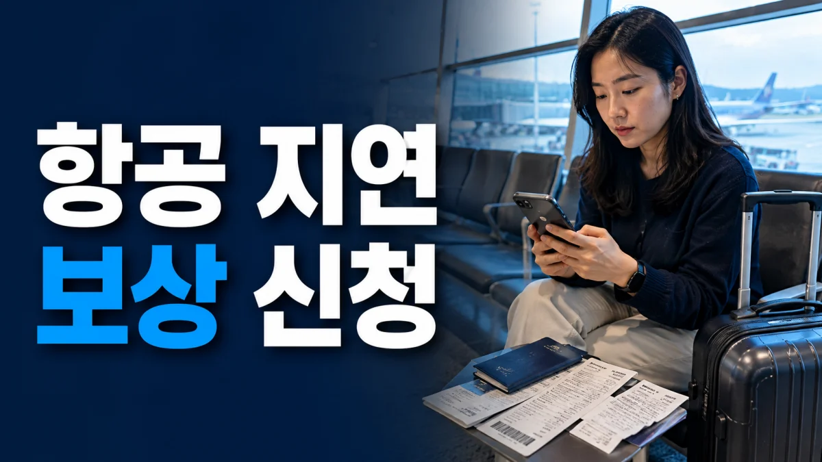 해외 공항에서 항공기 지연 보상 신청 자료를 확인하는 한국인 여행자