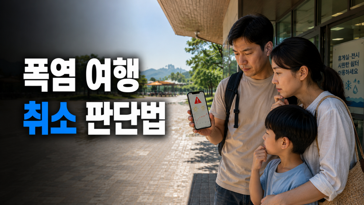 폭염이 내린 여름 여행지에서 휴대전화로 일정을 확인하는 한국인 가족