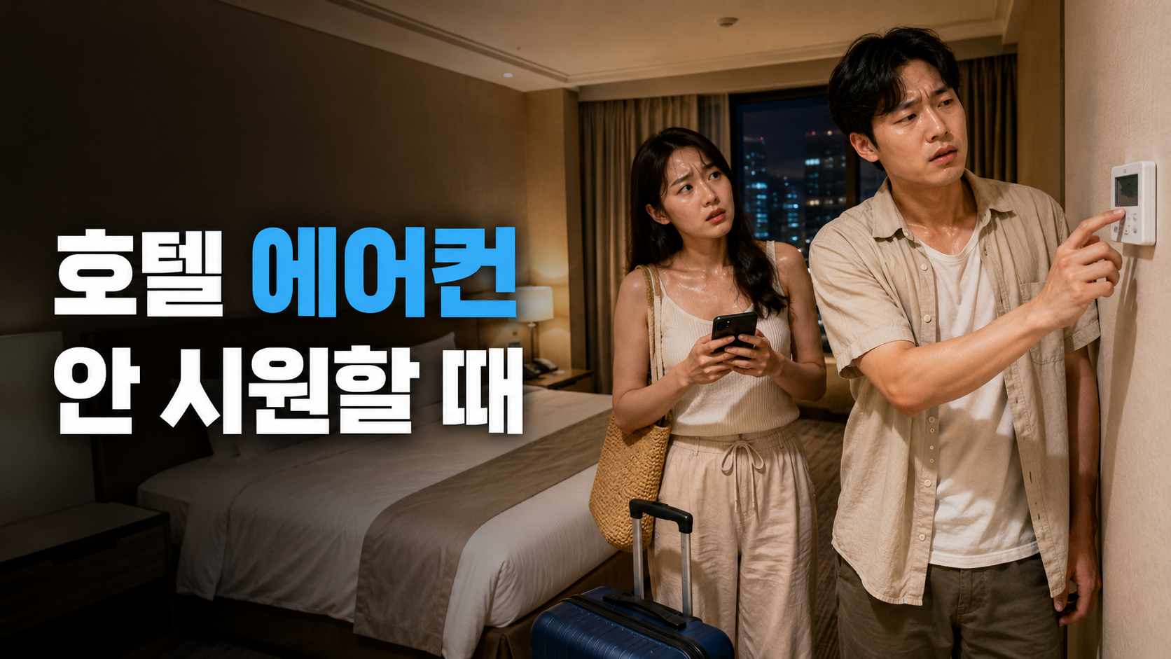 호텔 객실에서 벽면 에어컨 조절기를 확인하는 한국인 여행자