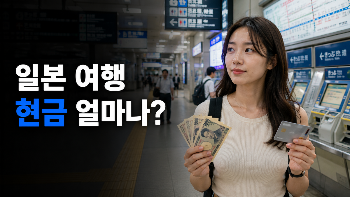 일본 기차역에서 엔화 지폐와 카드를 들고 있는 한국인 여성 여행자